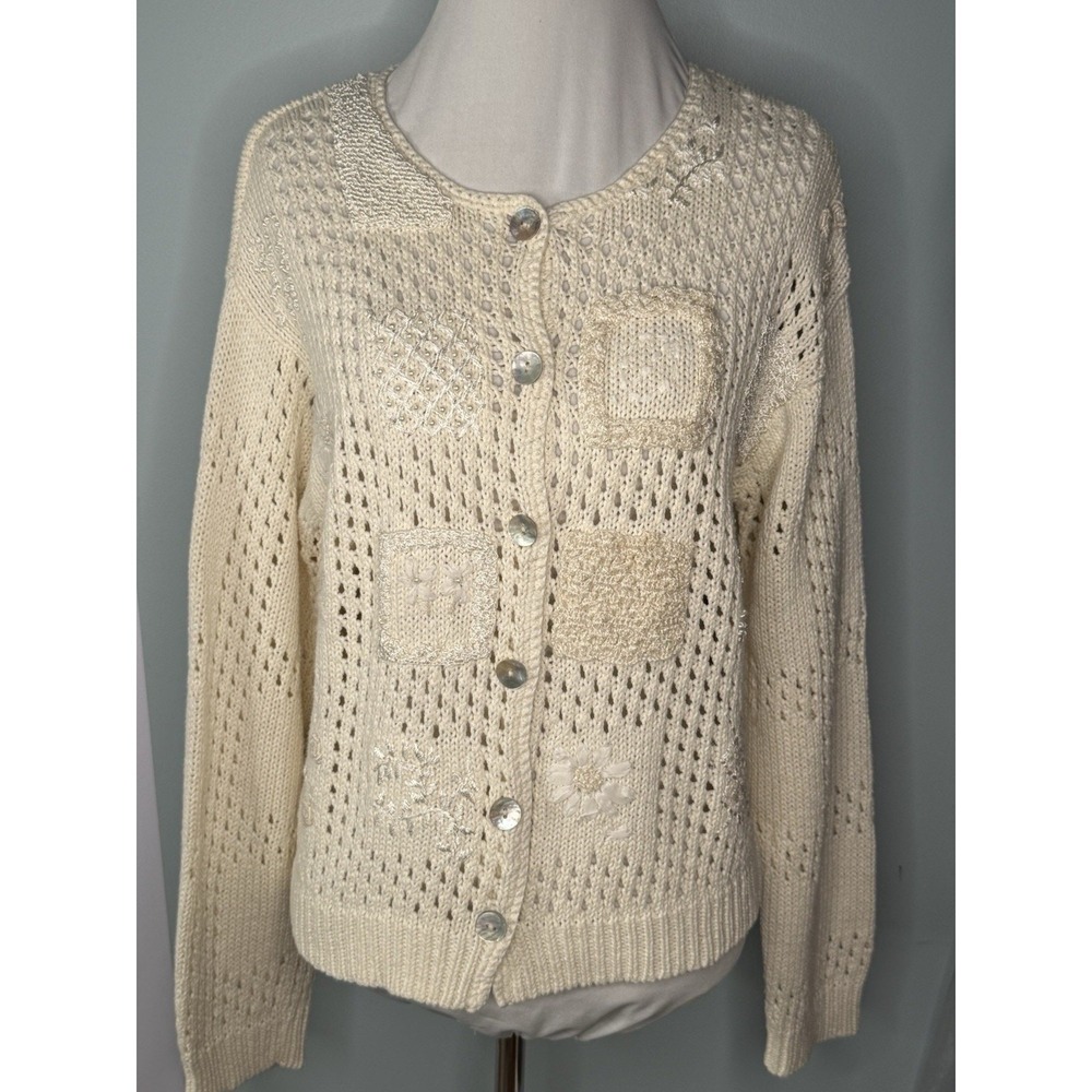 Susan Bristol Cardigan Womens S M Cream Vintage 90s Hand Embroidered Beaded Knit